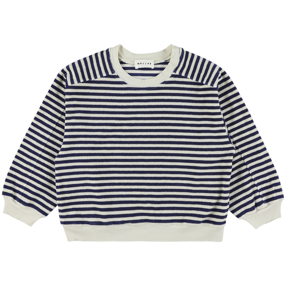 Wagon Sweatshirt by Morley. A classic striped sweater with a relaxed fit, ribbed cuffs, and a navy-and-ecru colorway