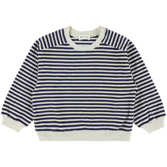 Wagon Sweatshirt by Morley. A classic striped sweater with a relaxed fit, ribbed cuffs, and a navy-and-ecru colorway