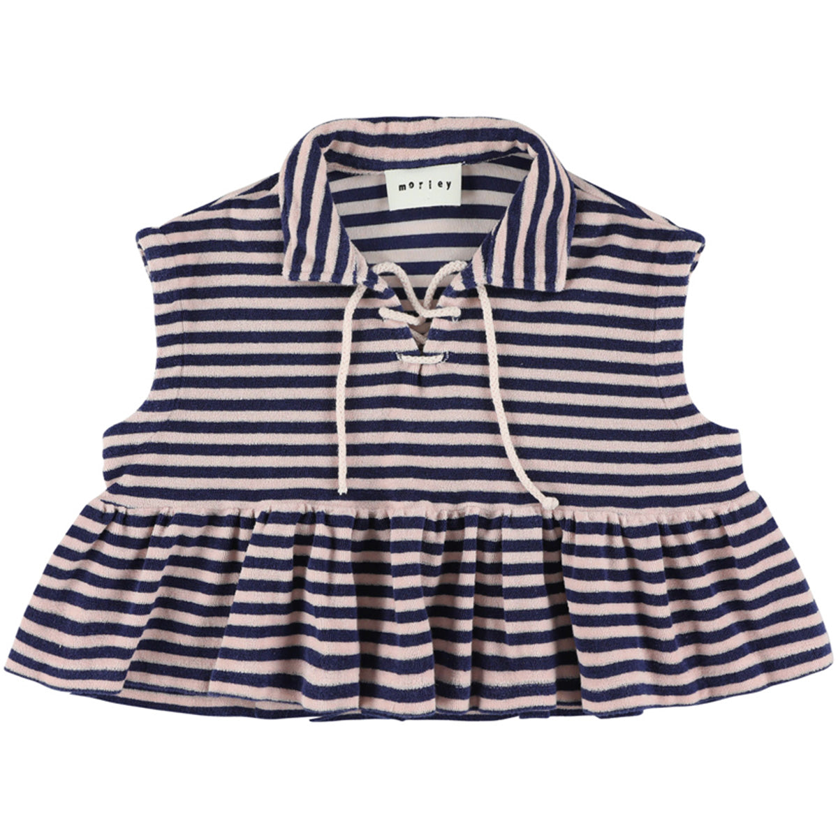 The Walnut Top from Morley. A playful sleeveless top with a classic collar, lace-up front, and ruffled hem.