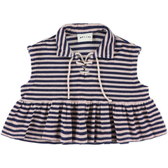 The Walnut Top from Morley. A playful sleeveless top with a classic collar, lace-up front, and ruffled hem.