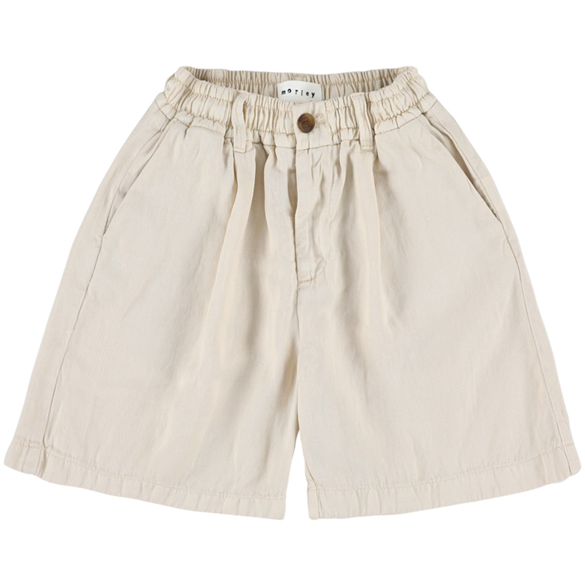 The Wasco Shorts from Morley, beige shorts with elastic waistband, button front, and relaxed fit.