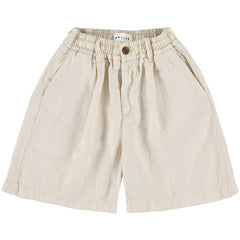 The Wasco Shorts from Morley, beige shorts with elastic waistband, button front, and relaxed fit.