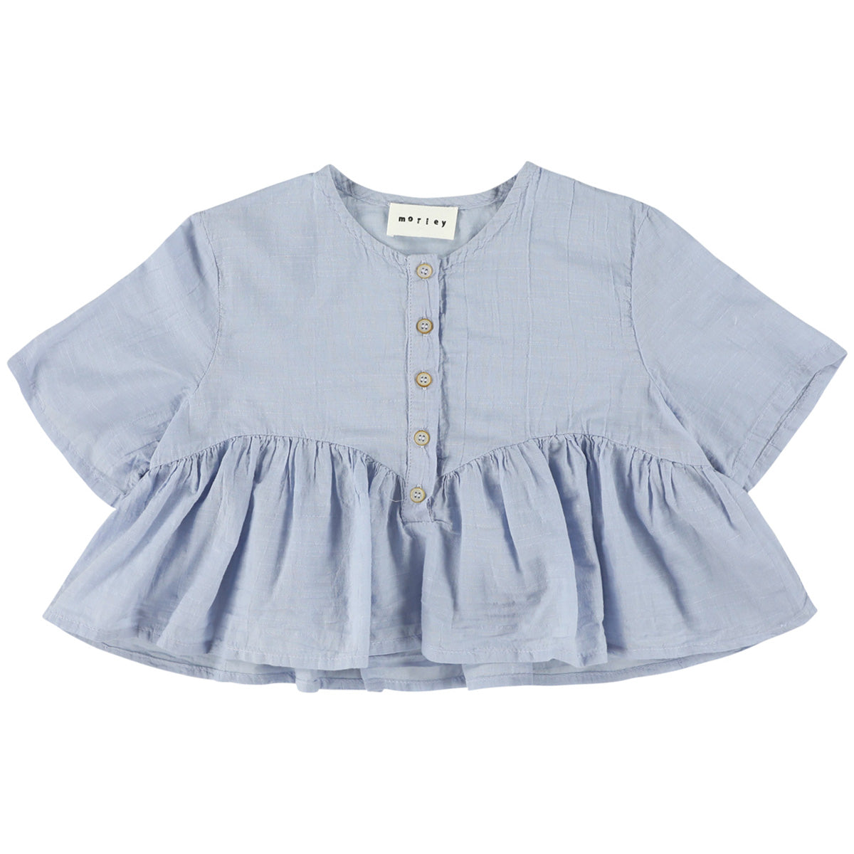 Westby Tess Top from Morley. A charming short-sleeve blouse in airy sky blue, featuring a button-up front, ruffled hem