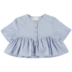 Westby Tess Top from Morley. A charming short-sleeve blouse in airy sky blue, featuring a button-up front, ruffled hem