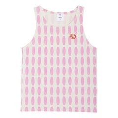 The Tacco Tank from Wynken. Relaxed vest shape, Flat locked neck and armholes, All over tile print in pop pink