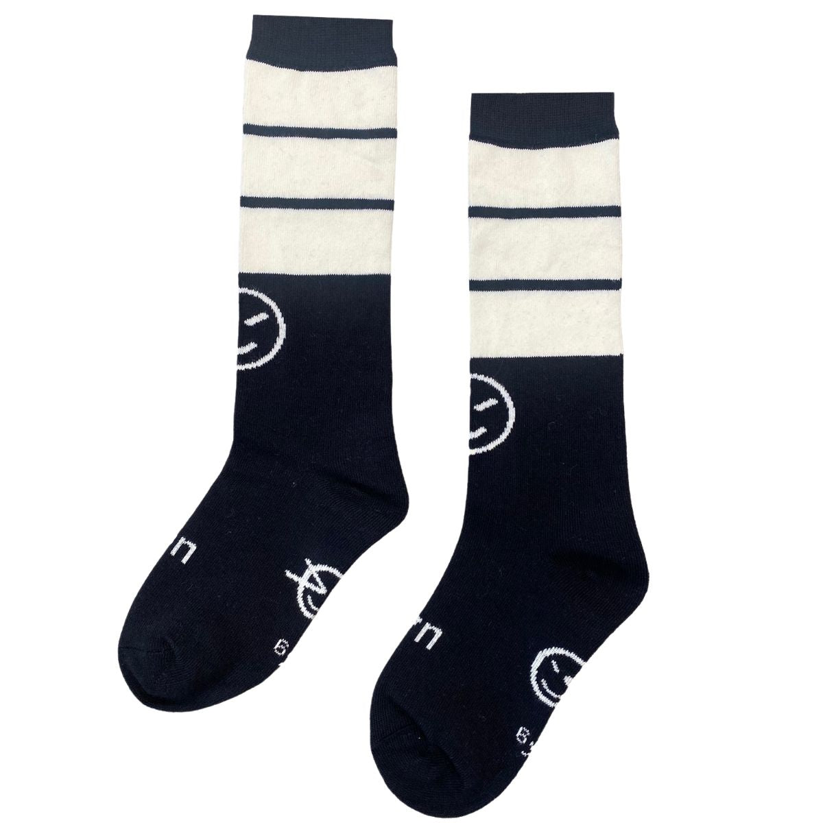 The Presto Socks from Wynken. Pair of navy and white striped socks with smiley face design on a white background.