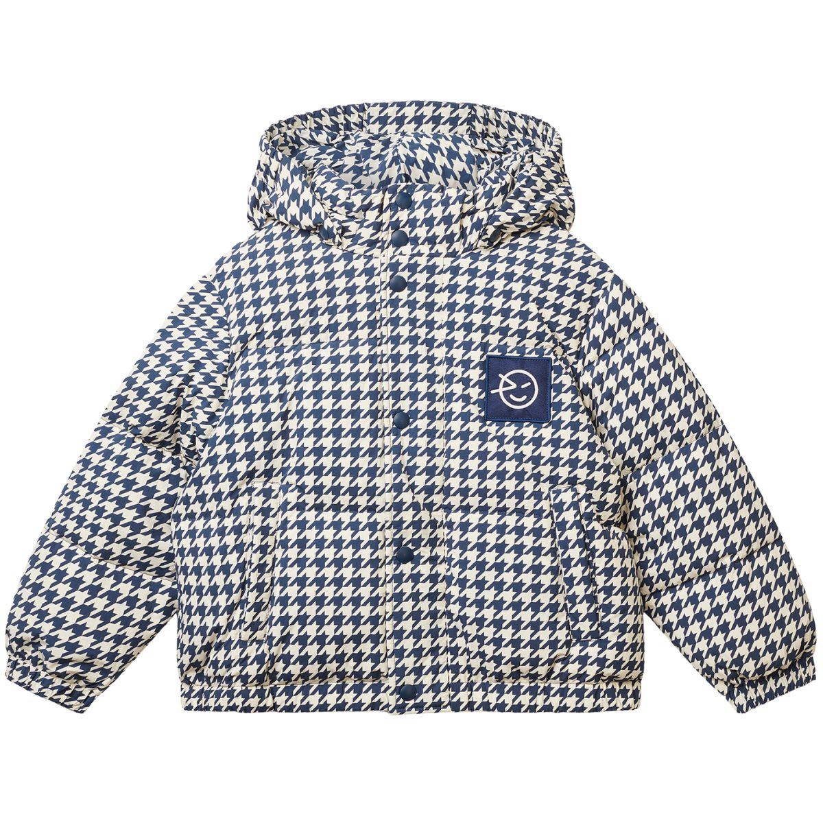 The Burletta Down Jacket from Wynken. Houndstooth patterned jacket with a logo on a white background.