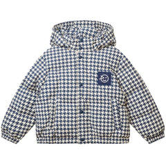 The Burletta Down Jacket from Wynken. Houndstooth patterned jacket with a logo on a white background.