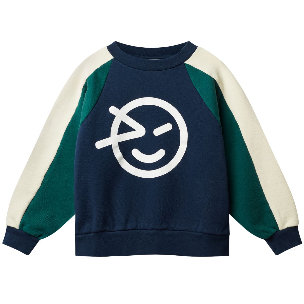 Wynk Panel Sweatshirt by Wynken.  Navy blue sweatshirt with green and beige sleeves and a white smiley face.