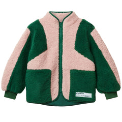 The Wilderness Jacket from Wynken. Green and pink fleece jacket with a visible brand logo on a white background.