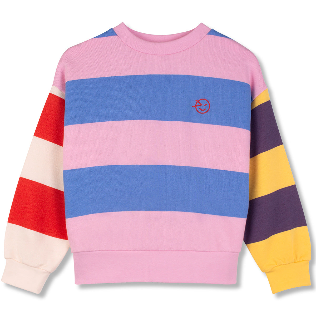 Parasol Sweatshirt from Wynken with pink and blue striped body, multicolour striped sleeves, ribbed cuffs and hem