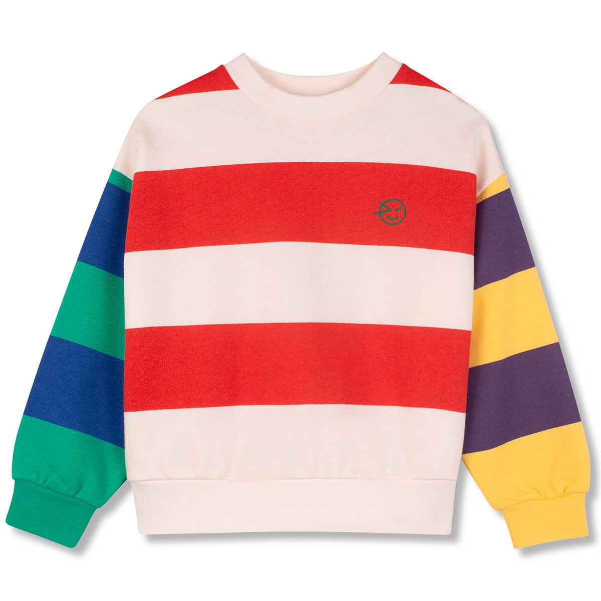 Parasol Sweatshirt from Wynken with red and ecru striped body, multicolour striped sleeves, ribbed cuffs and hem