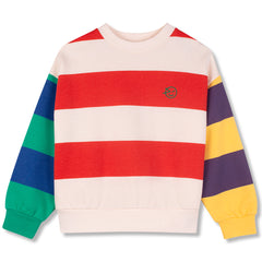 Parasol Sweatshirt from Wynken with red and ecru striped body, multicolour striped sleeves, ribbed cuffs and hem