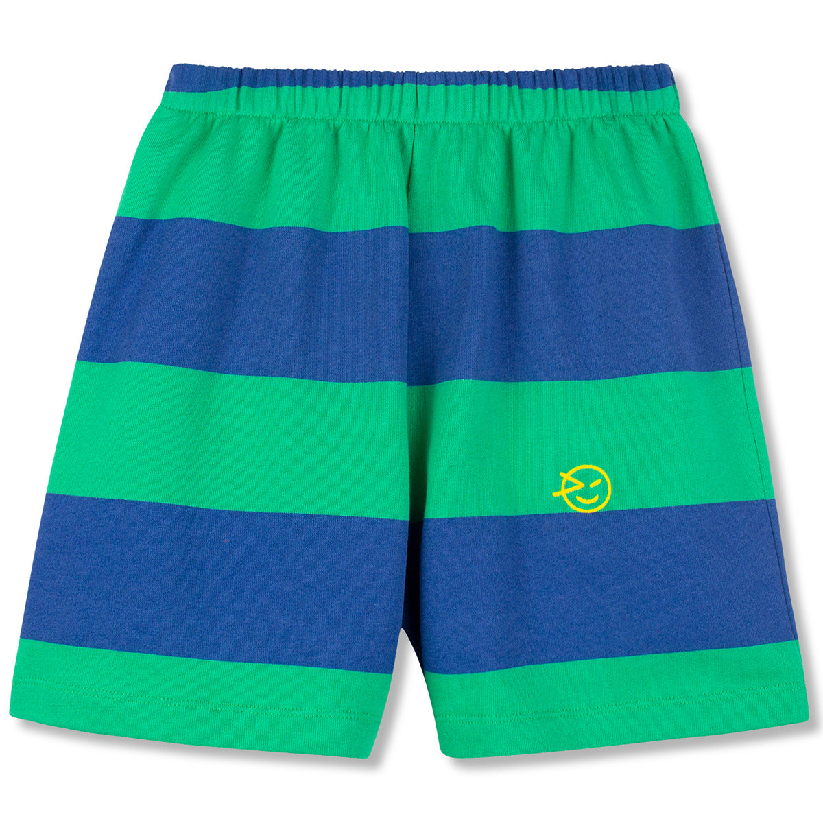 Parasol Short from Wynken with green and blue horizontal stripes, elasticated waistband and embroidered logo