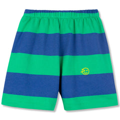 Parasol Short from Wynken with green and blue horizontal stripes, elasticated waistband and embroidered logo