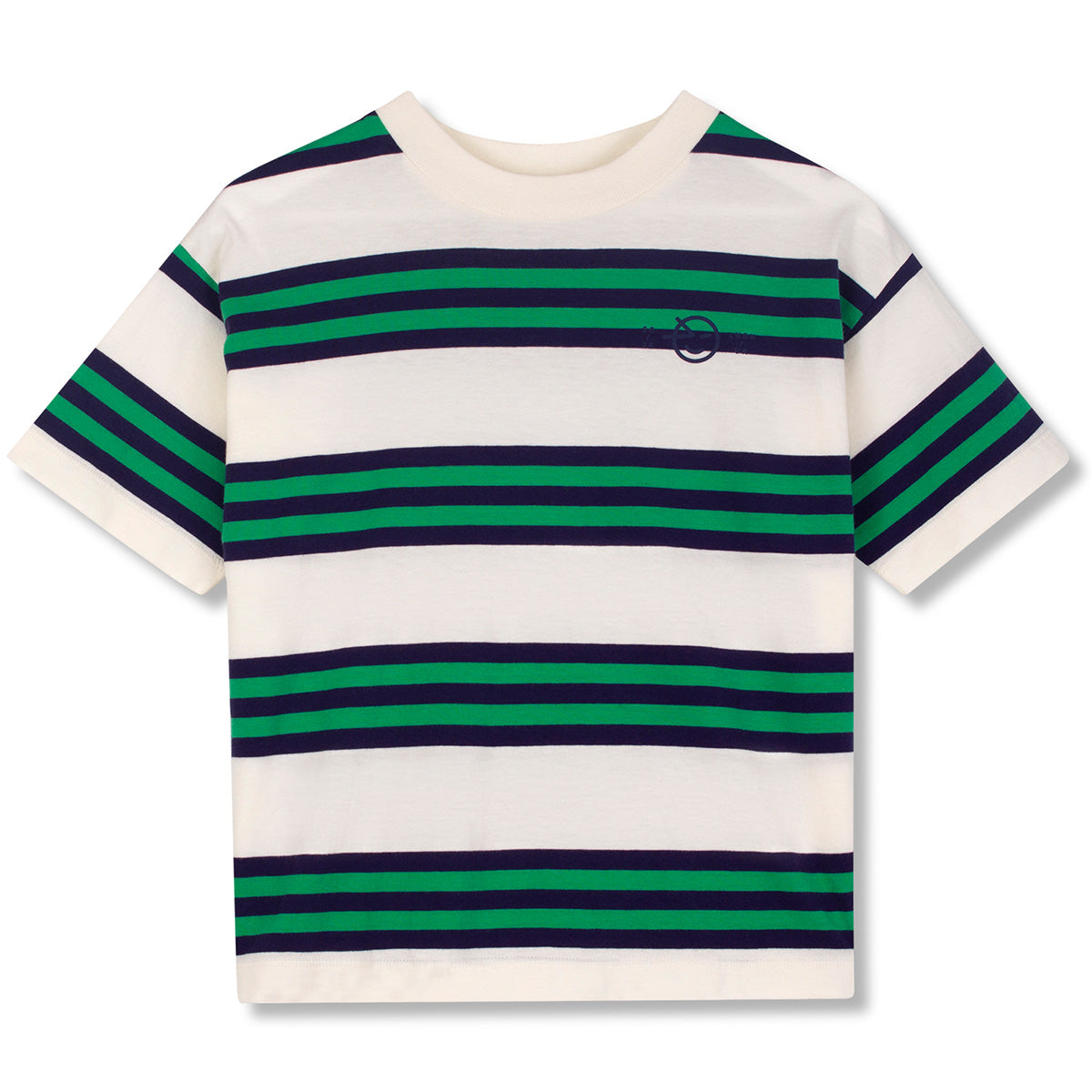 Triple Stripe Tee from Wynken in off-white cotton with navy and green horizontal stripes, short sleeves