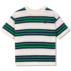 Triple Stripe Tee from Wynken in off-white cotton with navy and green horizontal stripes, short sleeves