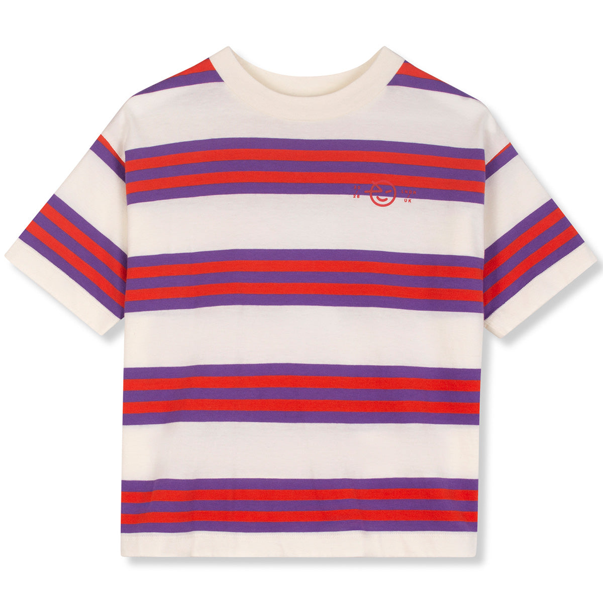 Triple Stripe Tee from Wynken in off-white cotton with violet and red horizontal stripes, short sleeves