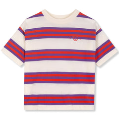 Triple Stripe Tee from Wynken in off-white cotton with violet and red horizontal stripes, short sleeves