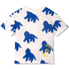 Bon Bon Tee from Wynken with blue abstract creature print on ecru cotton, short sleeves, yellow logo detail