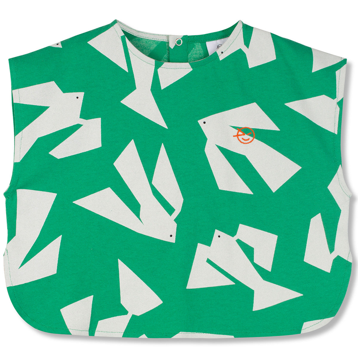 The Sunshine Top from Wynken, green sleeveless top with abstract white bird print, boxy shape and snap-button back closure