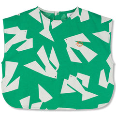 The Sunshine Top from Wynken, green sleeveless top with abstract white bird print, boxy shape and snap-button back closure