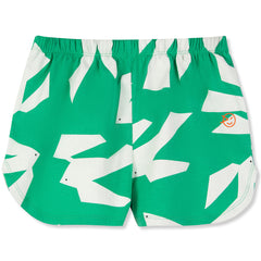 The Scooped Deck Short from Wynken, green shorts with elastic waistband and white abstract bird print