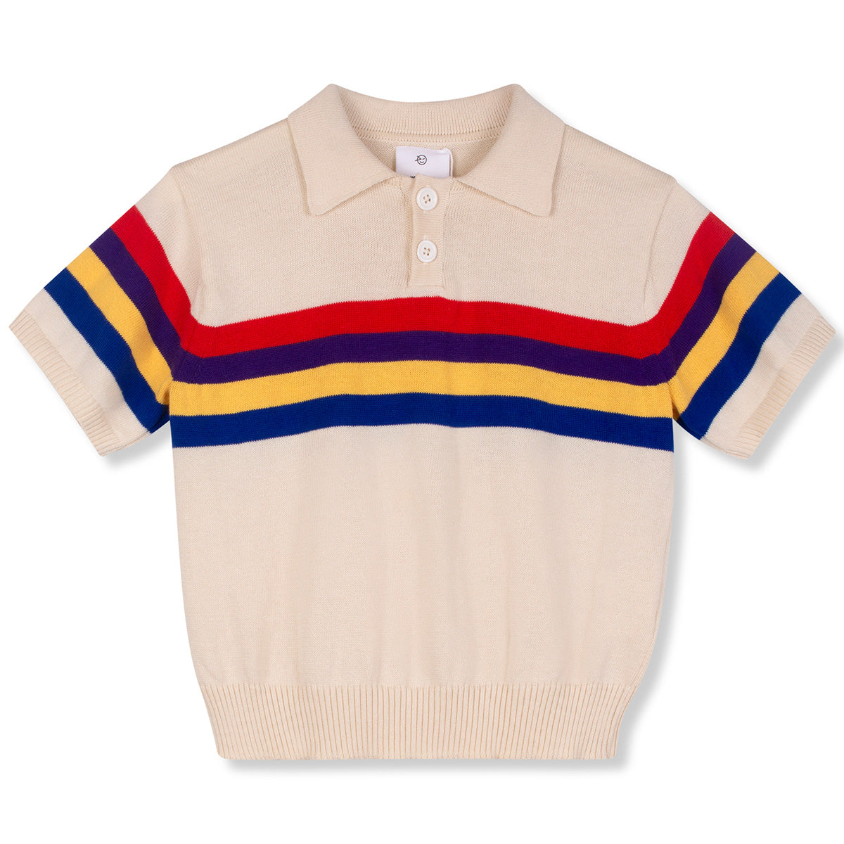 The Stripes Polo from Wynken, ecru knitted short-sleeve polo shirt with red, blue, yellow, and purple horizontal stripes