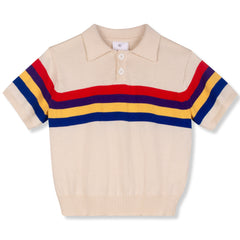 The Stripes Polo from Wynken, ecru knitted short-sleeve polo shirt with red, blue, yellow, and purple horizontal stripes