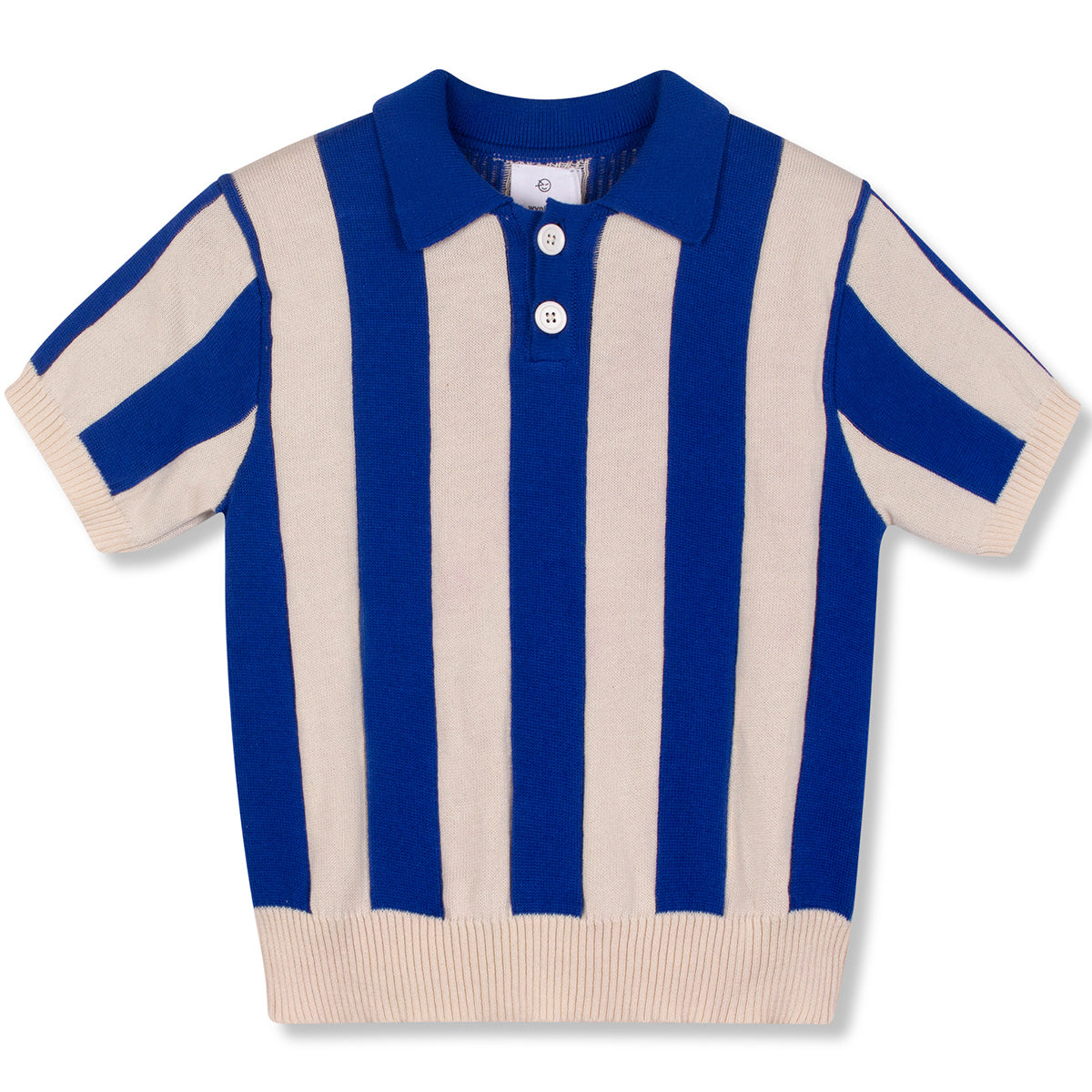 The Vertical Stripes Tank from Wynken, blue and ecru knitted short-sleeve top with bold vertical stripes and polo collar
