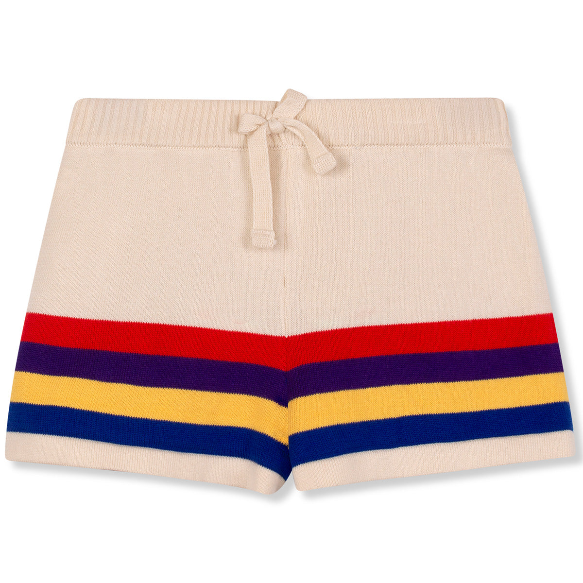 The Stripes Short from Wynken, ecru knit shorts with elastic waistband and colorful horizontal stripes