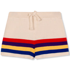 The Stripes Short from Wynken, ecru knit shorts with elastic waistband and colorful horizontal stripes