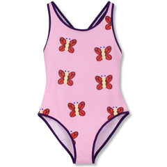 The Swimsuit Poly Mix from Wynken, pink one-piece swimsuit with red butterfly print and contrasting purple trim