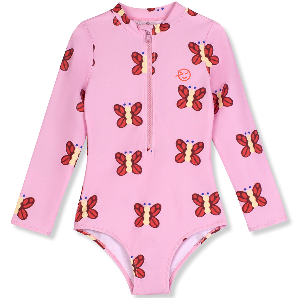 Long sleeve pink swimsuit from Wynken with butterfly print and front zip closure, one-piece design