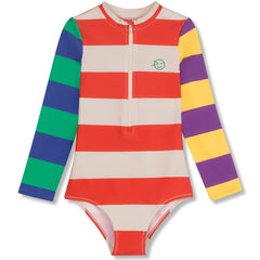 Long sleeve striped swimsuit from Wynken with front zip, red and ecru body and multicolor striped sleeves, one-piece design