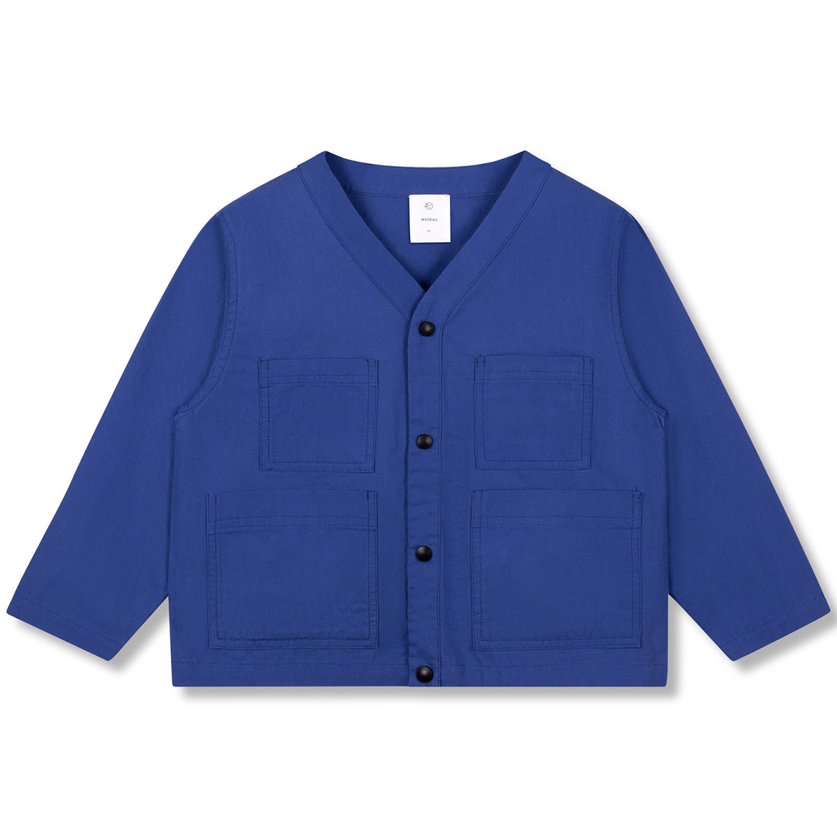 Morning Jacket from Wynken in blue with snap button front, V-neckline, and four patch pockets