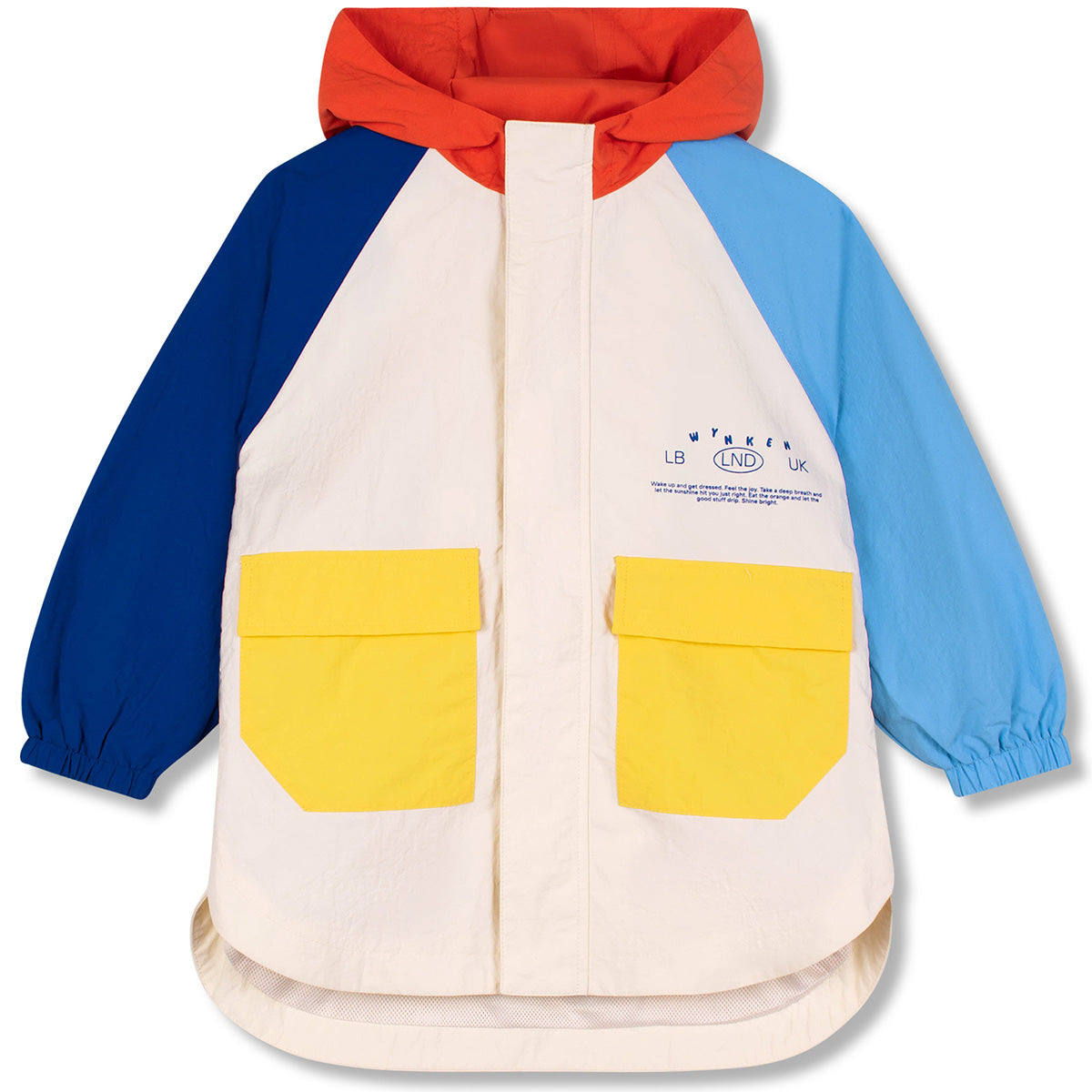 Loco Windbreaker from Wynken with hood, colour-blocked panels, oversized yellow front pockets, and elasticated cuffs