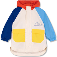 Loco Windbreaker from Wynken with hood, colour-blocked panels, oversized yellow front pockets, and elasticated cuffs