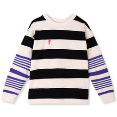 The TWK Seam Tee by Wynken in black and ecru stripes with purple striped sleeves and embroidered logo.