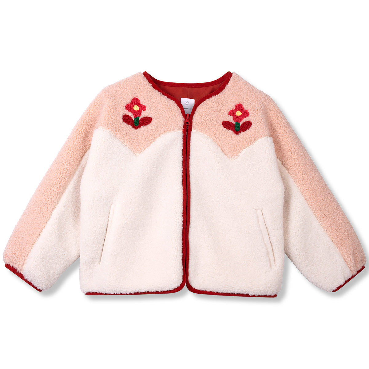 Still Life Jacket by Wynken kids faux fur jacket with floral embroidery, side pockets, and collarless design
