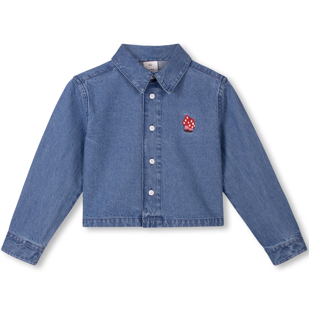 Classic Denim Crop Shirt by Wynken cropped blue denim kids shirt with embroidered mushroom details and button front