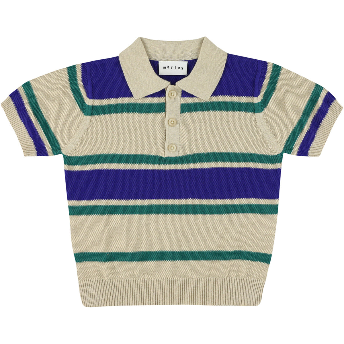 Woods Fine Polo from Morley. A timeless short-sleeve knit polo featuring bold stripes in beige, green, and deep blue.