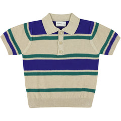 Woods Fine Polo from Morley. A timeless short-sleeve knit polo featuring bold stripes in beige, green, and deep blue.