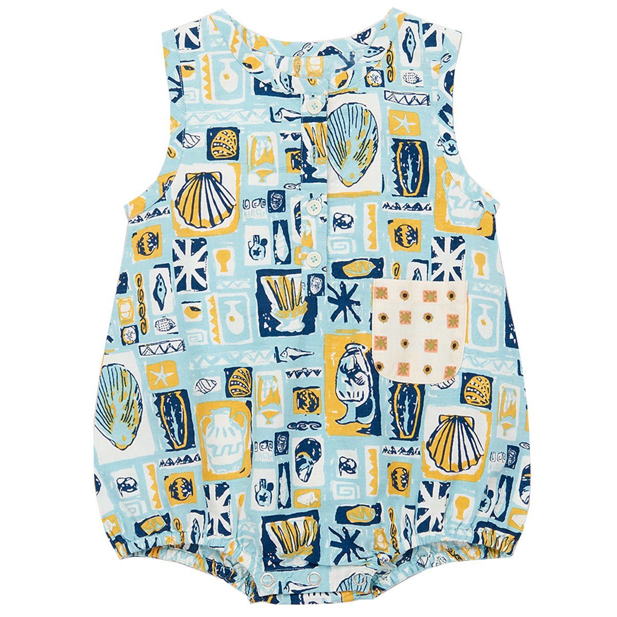 The Jude Romper from Misha & Puff. A new romper in cotton poplin, with a slightly bubbly body, single contrast print front patch pocket.