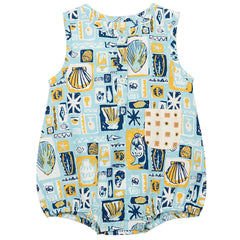The Jude Romper from Misha & Puff. A new romper in cotton poplin, with a slightly bubbly body, single contrast print front patch pocket.