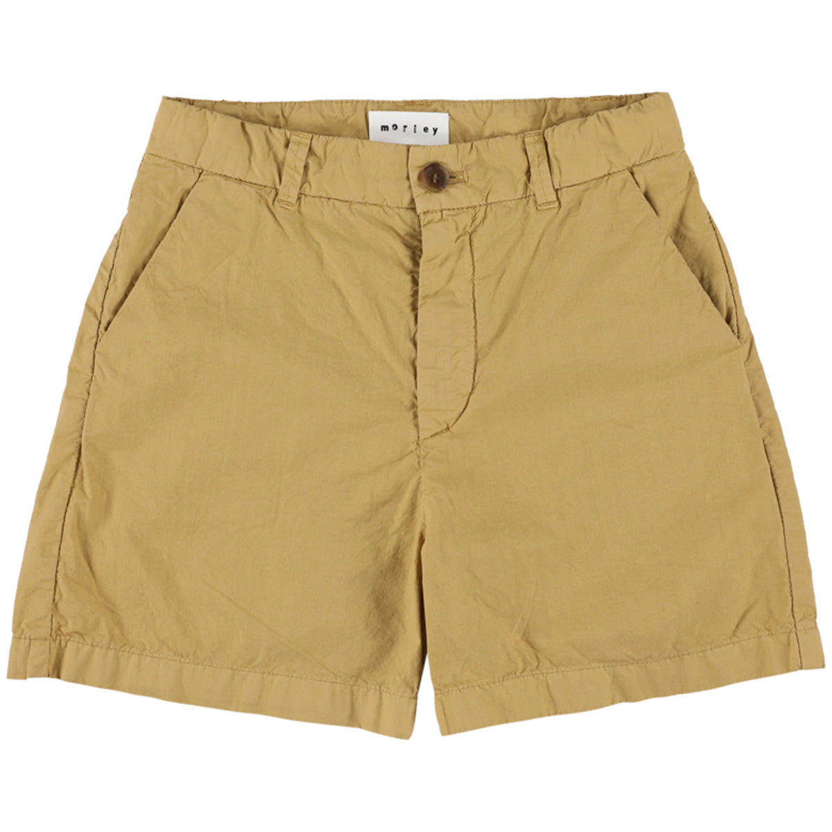 The Xeno Shorts from Morley, beige shorts with button closure, side pockets, and relaxed fit.