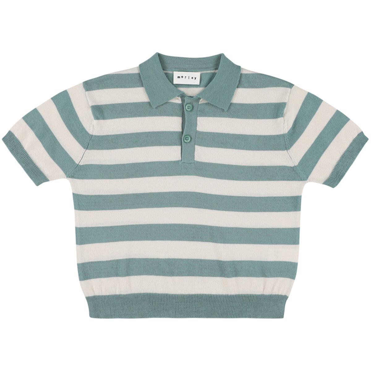 The Xian Polo by Morley, green and off-white striped knit polo with short sleeves, collar and button placket.