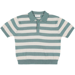 The Xian Polo by Morley, green and off-white striped knit polo with short sleeves, collar and button placket.