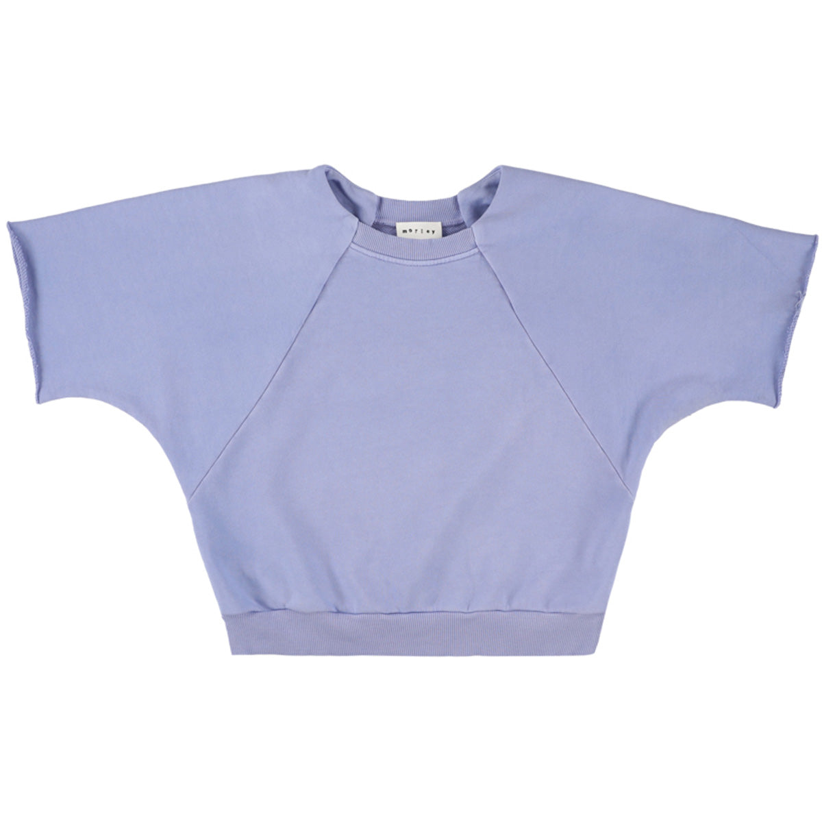 The Xining Sweat by Morley, lavender cropped sweatshirt with wide short sleeves, raglan seams and ribbed hem.
