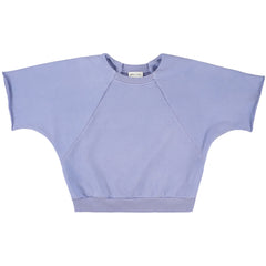 The Xining Sweat by Morley, lavender cropped sweatshirt with wide short sleeves, raglan seams and ribbed hem.